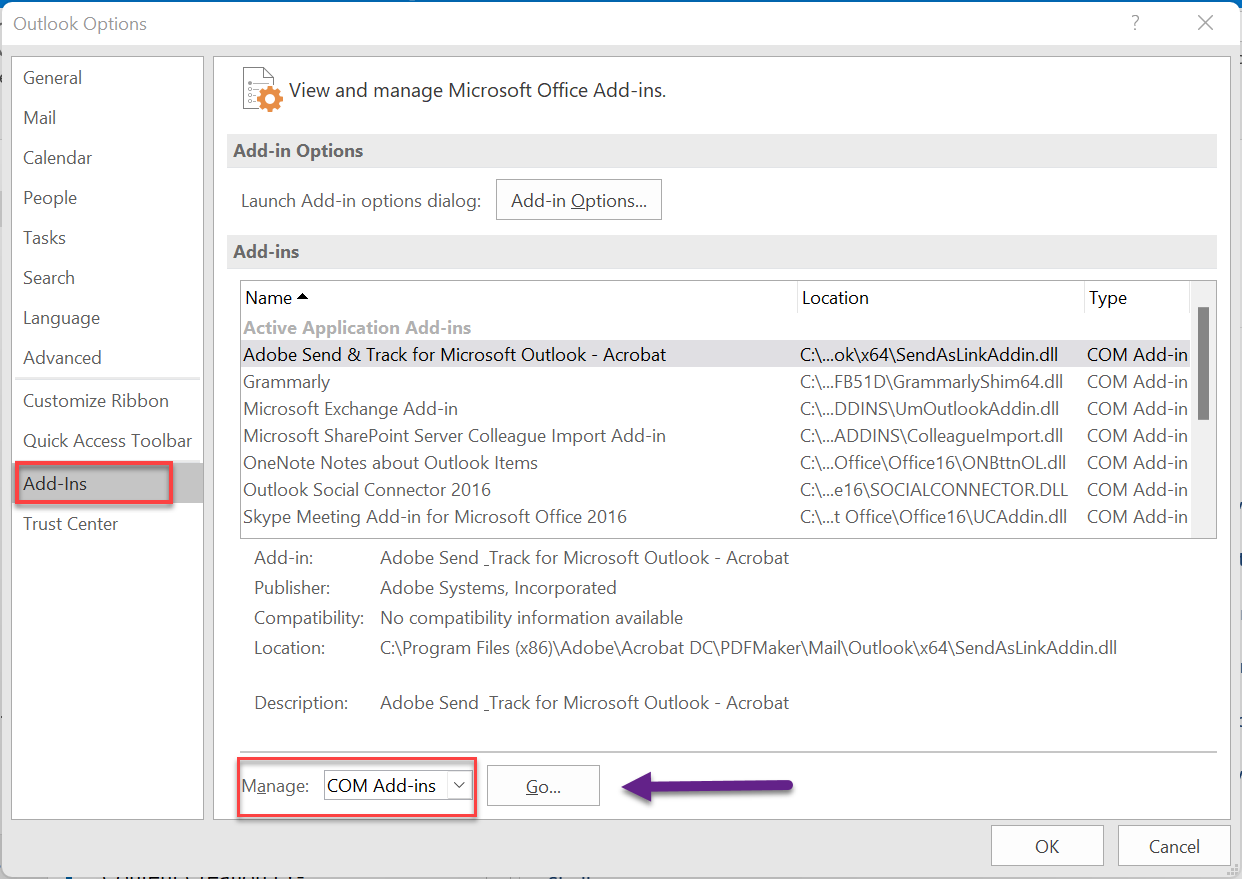 Select Com Add-ins from the Manage option at the bottom-left corner and click Go. This opens the list of Microsoft Office add-ins.